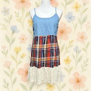Umgee USA Patchwork Boho Dress Plaid Lace Hem Chambray Size S Cottagecore